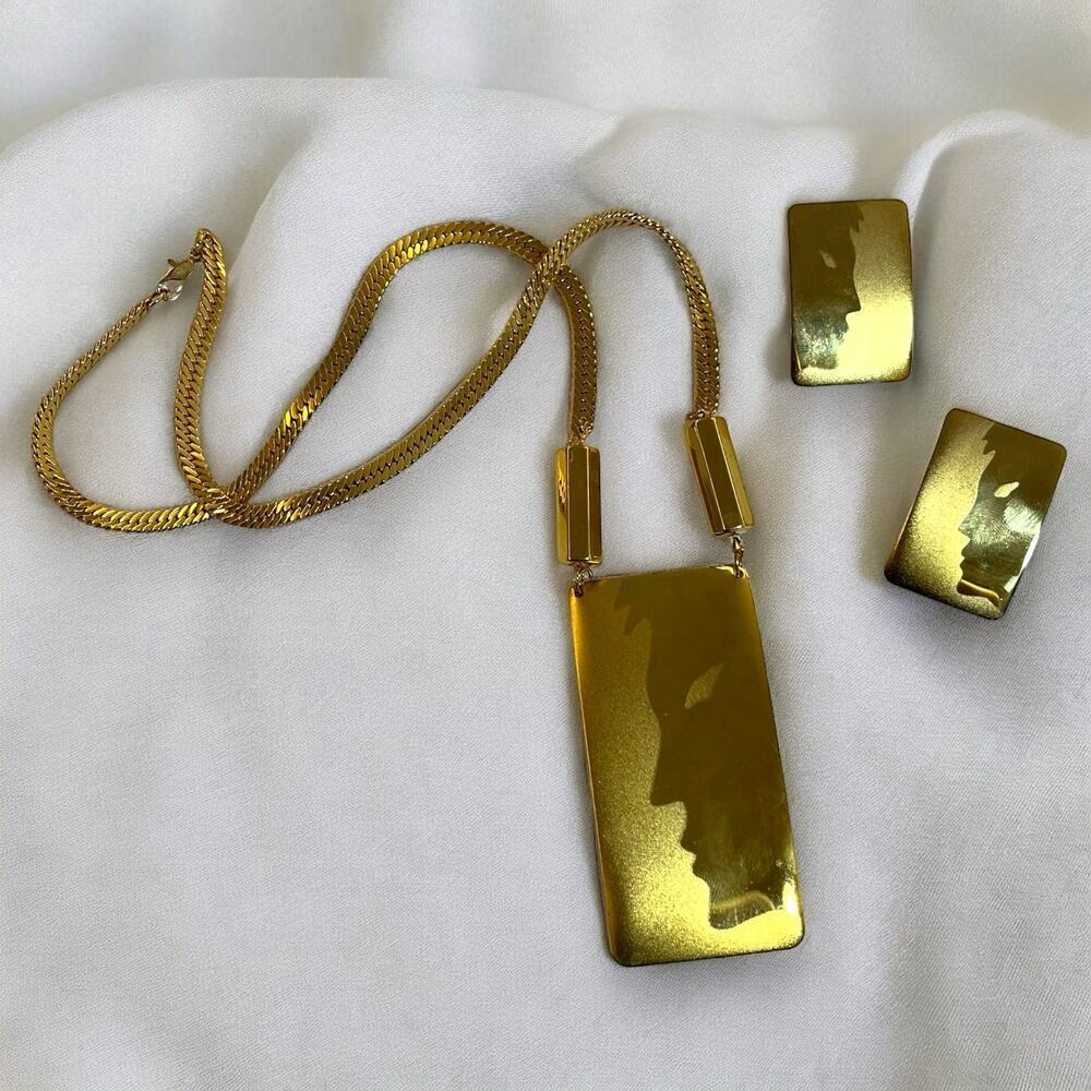 Rare Unique 1980s Frosted Metal Face Jewelry Set